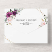 Paarse pruimroze rozen Geometrische bruiloft All In One Uitnodiging (Achterkant)
