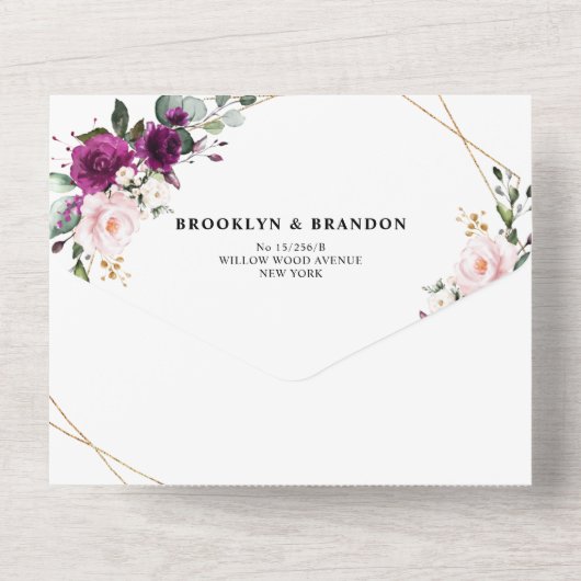 Paarse pruimroze rozen Geometrische bruiloft All In One Uitnodiging (Achterkant)