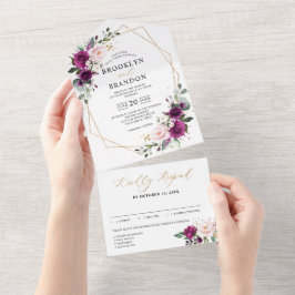 Paarse pruimroze rozen Geometrische bruiloft All In One Uitnodiging