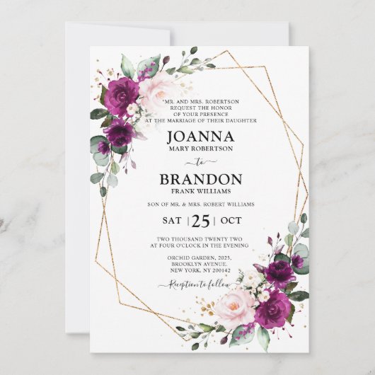 Paarse pruimroze rozen Geometrische bruiloft Kaart (Voorkant)