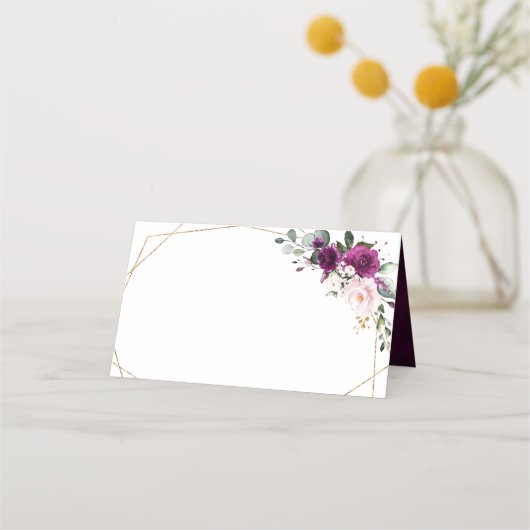 Paarse pruimroze rozen Geometrische bruiloft Plaatskaartje (Voorkant)