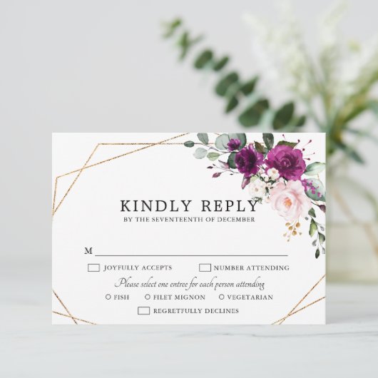Paarse pruimroze rozen Geometrische bruiloft RSVP Kaartje (Staand voorkant)