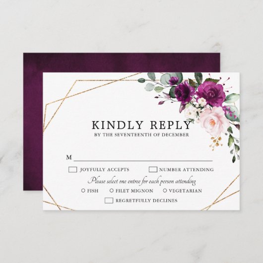 Paarse pruimroze rozen Geometrische bruiloft RSVP Kaartje (Voorkant / Achterkant)