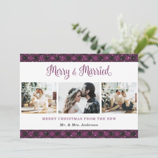 Paarse Pset Merry en gehuwde kerstKaart (Staand voorkant)