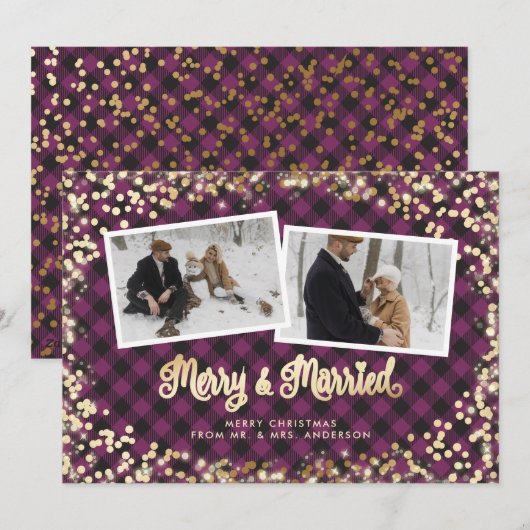 Paarse Pset Merry en huwelijksfoto met kerstmis Feestdagenkaart (Voorkant / Achterkant)