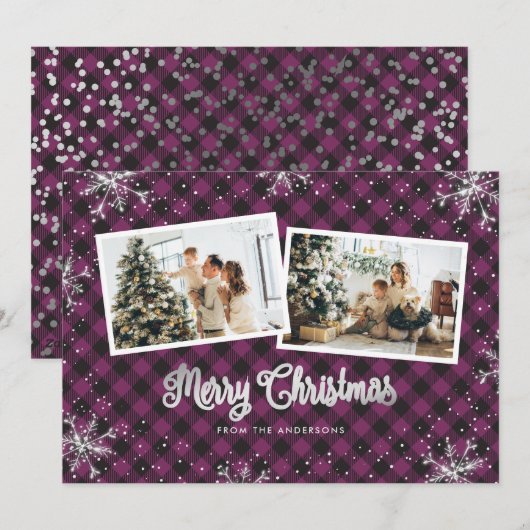 Paarse Pset Silver Snowflake Feestdagenkaart (Voorkant / Achterkant)