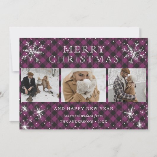 Paarse Pset Snowflake Foto Collage Feestdagenkaart (Voorkant)