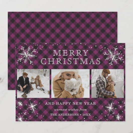 Paarse Pset Snowflake Foto Collage Feestdagenkaart (Voorkant / Achterkant)