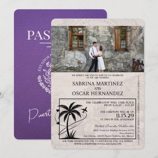 Paarse Puerta Vallarta Passport bruiloft Kaart (Voorkant / Achterkant)