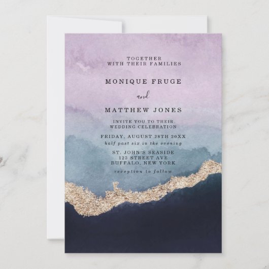 Paarse puinblauwe Waterverf Agate Gold Wedding Kaart (Voorkant)