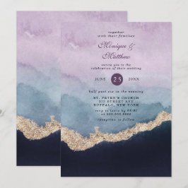 Paarse puistblauwe Waterverf Gold Agate Wedding Kaart