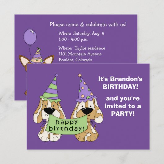 Paarse Puppies Kinderen van Birthday Kaart (Voorkant / Achterkant)