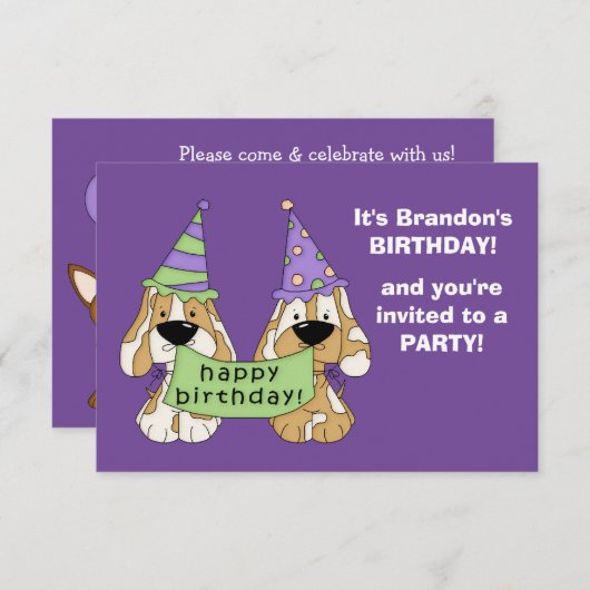 Paarse Puppies Kinderverjaardagsfeestje Kaart (Voorkant / Achterkant)