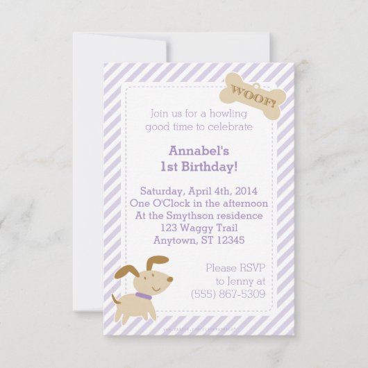 Paarse Puppy Dog Uitnodiging met Stripes en Stippe (Voorkant)