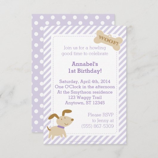 Paarse Puppy Dog Uitnodiging met Stripes en Stippe (Voorkant / Achterkant)