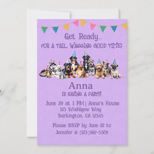 Paarse Puppy Dog Verjaardag Paw-ty Kaart (Voorkant)