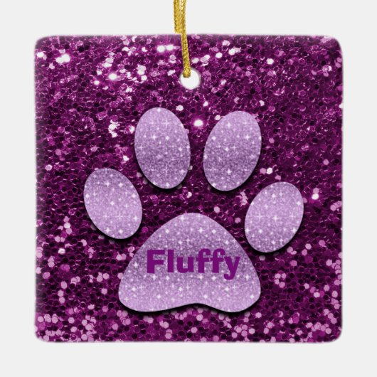 Paarse Puppy Paw Paarse Faux Glitter Keramisch Ornament (Voorkant)