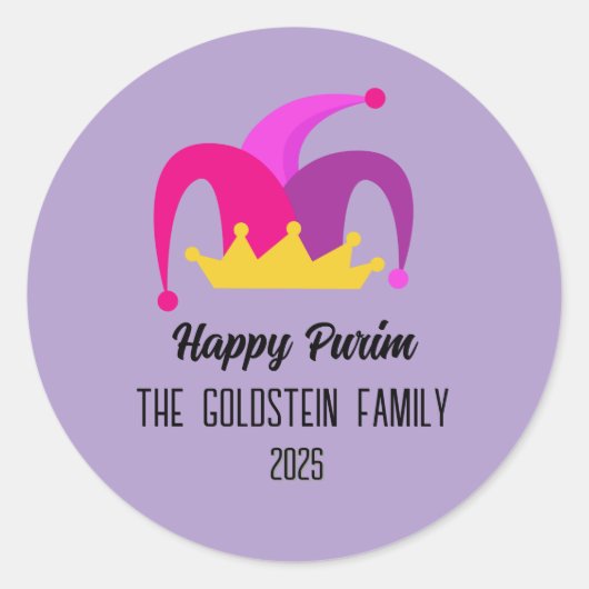 Paarse Purim Clown Pet Familienaam Ronde Sticker (Voorkant)