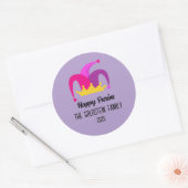 Paarse Purim Clown Pet Familienaam Ronde Sticker (Envelop)