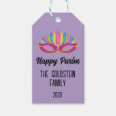 Paarse Purim Mask met veren Familienaam Cadeaulabel (Voorkant)