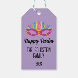 Paarse Purim Mask met veren Familienaam Cadeaulabel