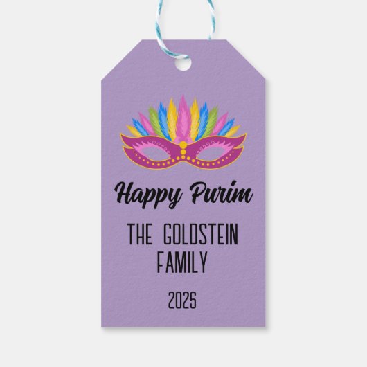 Paarse Purim Mask met veren Familienaam Cadeaulabel (Achterkant)