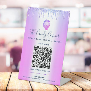 Paarse QR Code Betaal hier Aardbeien Glitterdruppe Reclamebord Met Voetstuk
