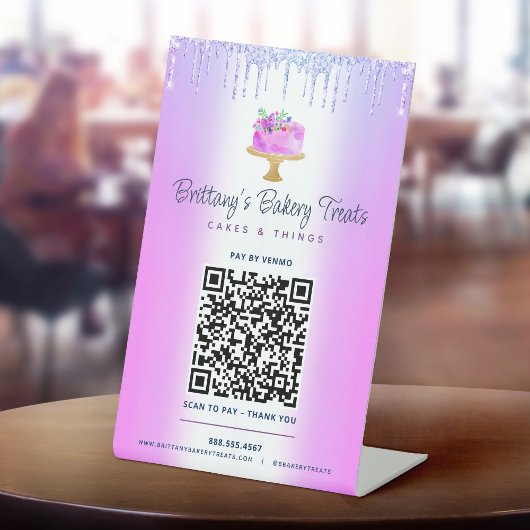 Paarse QR-code Betaal hier Cake Bakkerij Glitter D Reclamebord Met Voetstuk