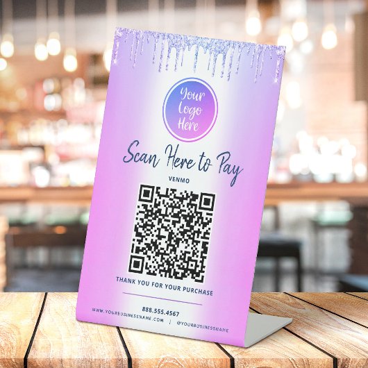 Paarse QR-code betalen hier Glitter druppels aange Reclamebord Met Voetstuk