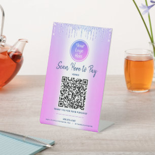 Paarse QR-code betalen hier Glitter druppels aange Reclamebord Met Voetstuk