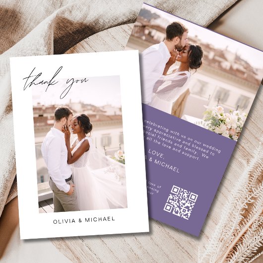 Paarse QR-code bruiloft Dank u fotokaart Bedankkaart