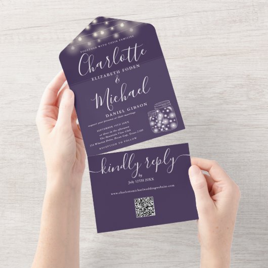 Paarse QR Code Mason Jars String Licht Bruiloft All In One Uitnodiging (Afscheurbaar)