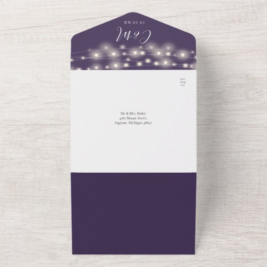 Paarse QR-code Mason Jars String Lights Weddenscha All In One Uitnodiging (Buitenkant)