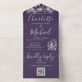 Paarse QR-code Mason Jars String Lights Weddenscha All In One Uitnodiging (Binnen)