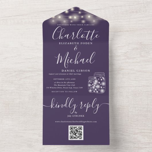 Paarse QR-code Mason Jars String Lights Weddenscha All In One Uitnodiging (Binnen)
