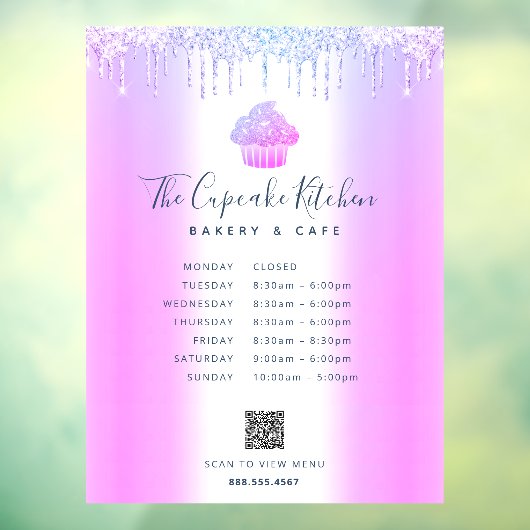 Paarse QR Code Menu Uren Cupcake Bakkerij Glitter Raamsticker (Vel 3)