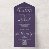 Paarse QR-code script minimalistische bruiloft All In One Uitnodiging (Binnen)