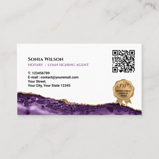 Paarse QR-code voor mobiele notaris- en leningteke Visitekaartje (Achterkant)