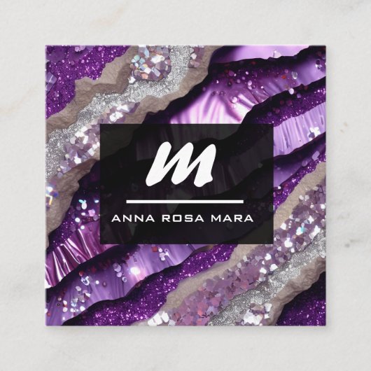 *~* Paarse QR Lavendel Glam Luxe Initiaal AP66 Vierkante Visitekaartje (Voorkant)