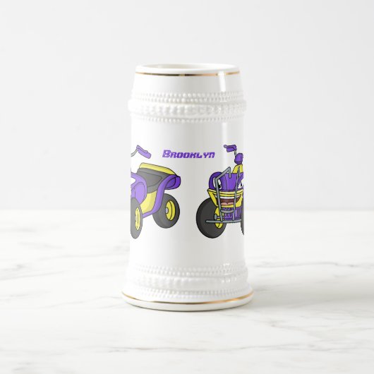 Paarse quad-fietsenafbeelding cartoon bierpul (Center)