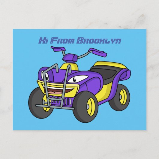 Paarse quad-fietsenafbeelding cartoon briefkaart (Voorkant)