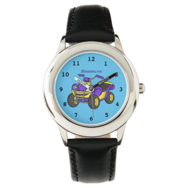 Paarse quad-fietsenafbeelding cartoon horloge (Voorkant)