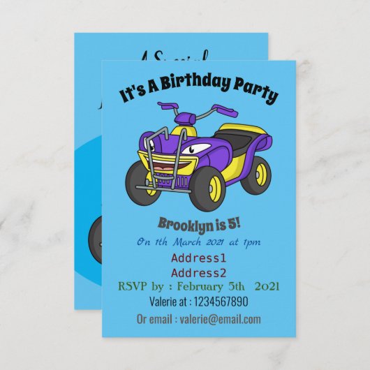 Paarse quad-fietsenafbeelding cartoon kaart (Voorkant / Achterkant)