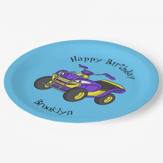Paarse quad-fietsenafbeelding cartoon papieren bordje (Gekanteld)