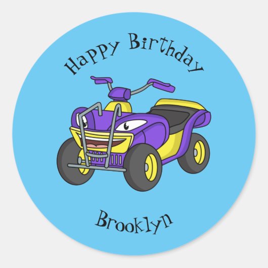Paarse quad-fietsenafbeelding cartoon ronde sticker (Voorkant)