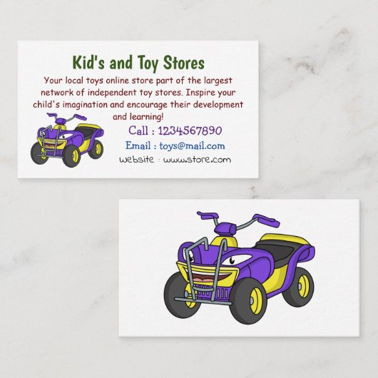 Paarse quad-fietsenafbeelding cartoon visitekaartje (Voorkant / Achterkant)