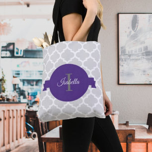 Paarse Quatrefoil Gepersonaliseerde Canvas tas