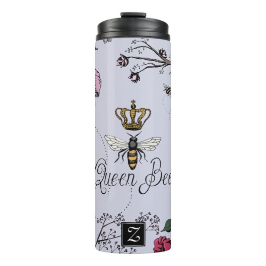  Paarse Queen Bee & Crown Floral Monogram Thermosbeker (Voorkant)