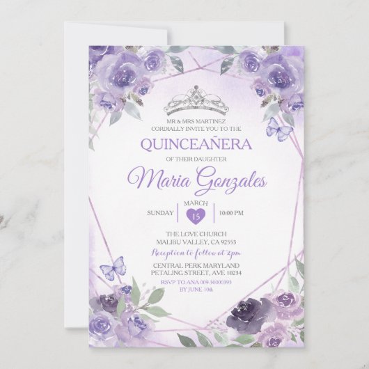 Paarse Quinceañera 15 Anos Kroon Mexicaanse Vlinde Kaart (Voorkant)