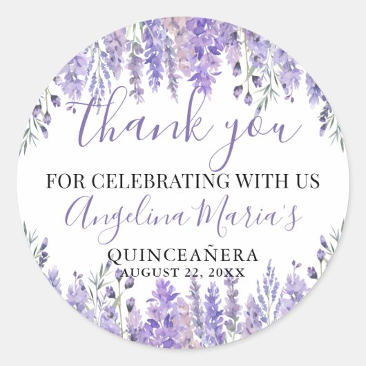 Paarse Quinceanera Bedankt Ronde Sticker (Voorkant)